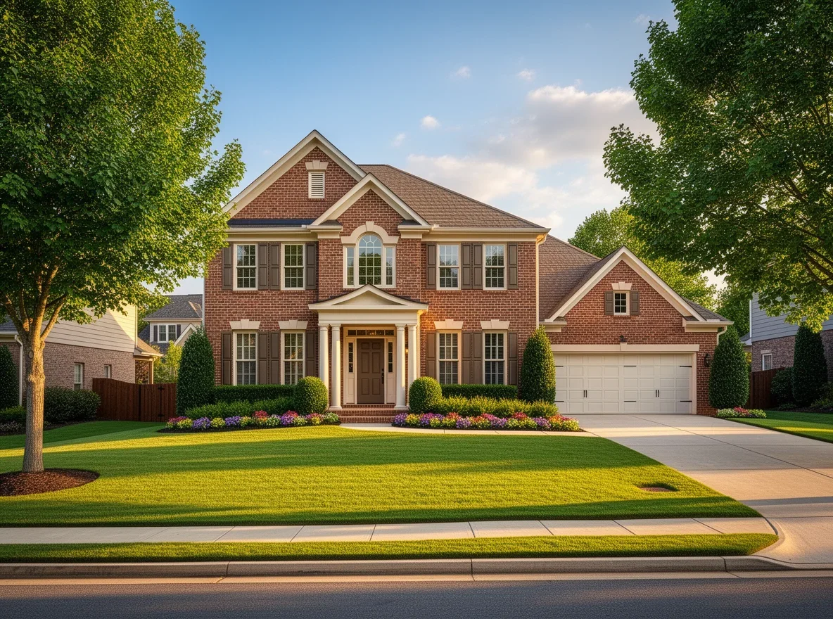Brick home with mature trees and landscaped front yard