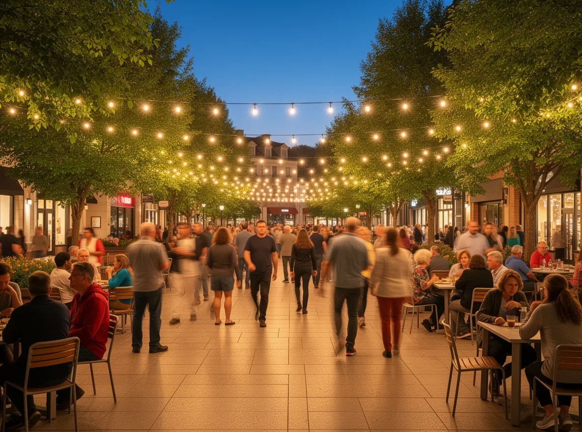 Community gathering scene in an outdoor plaza in Sandy Springs