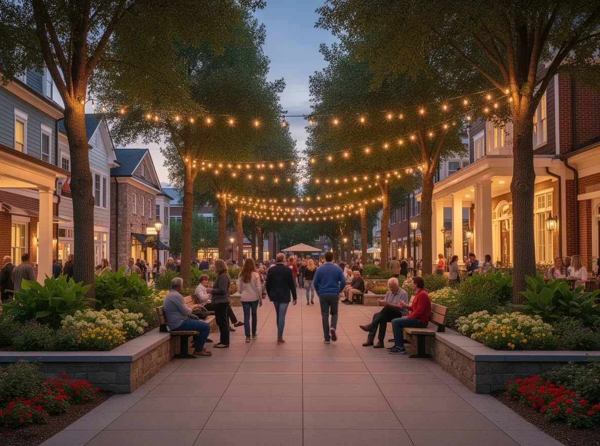 Evening gathering vibe in a landscaped pedestrian plaza