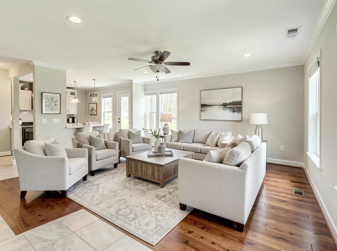 Bright staged interior with open layout