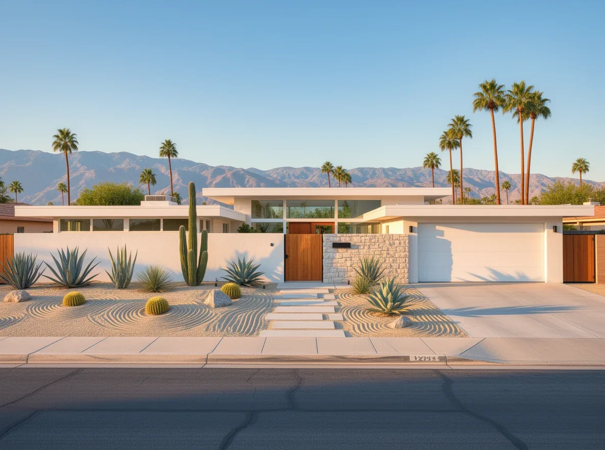 Midcentury modern home exterior with desert landscaping in Palm Springs