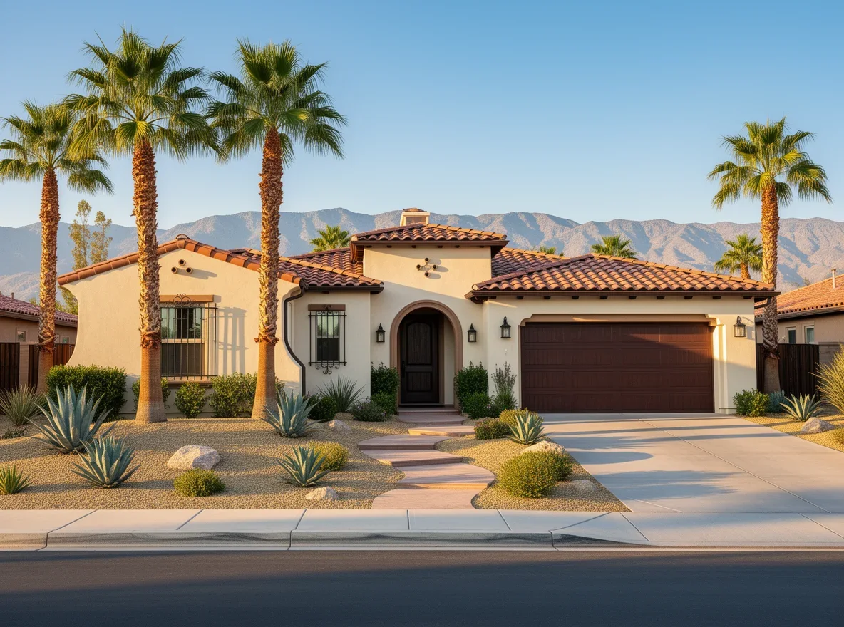 Spanish-style desert home with stucco and desert landscaping in La Quinta