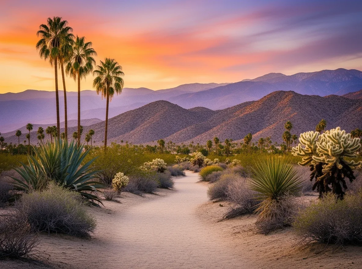 Desert mountains and palm trees at sunset in Palm Springs
