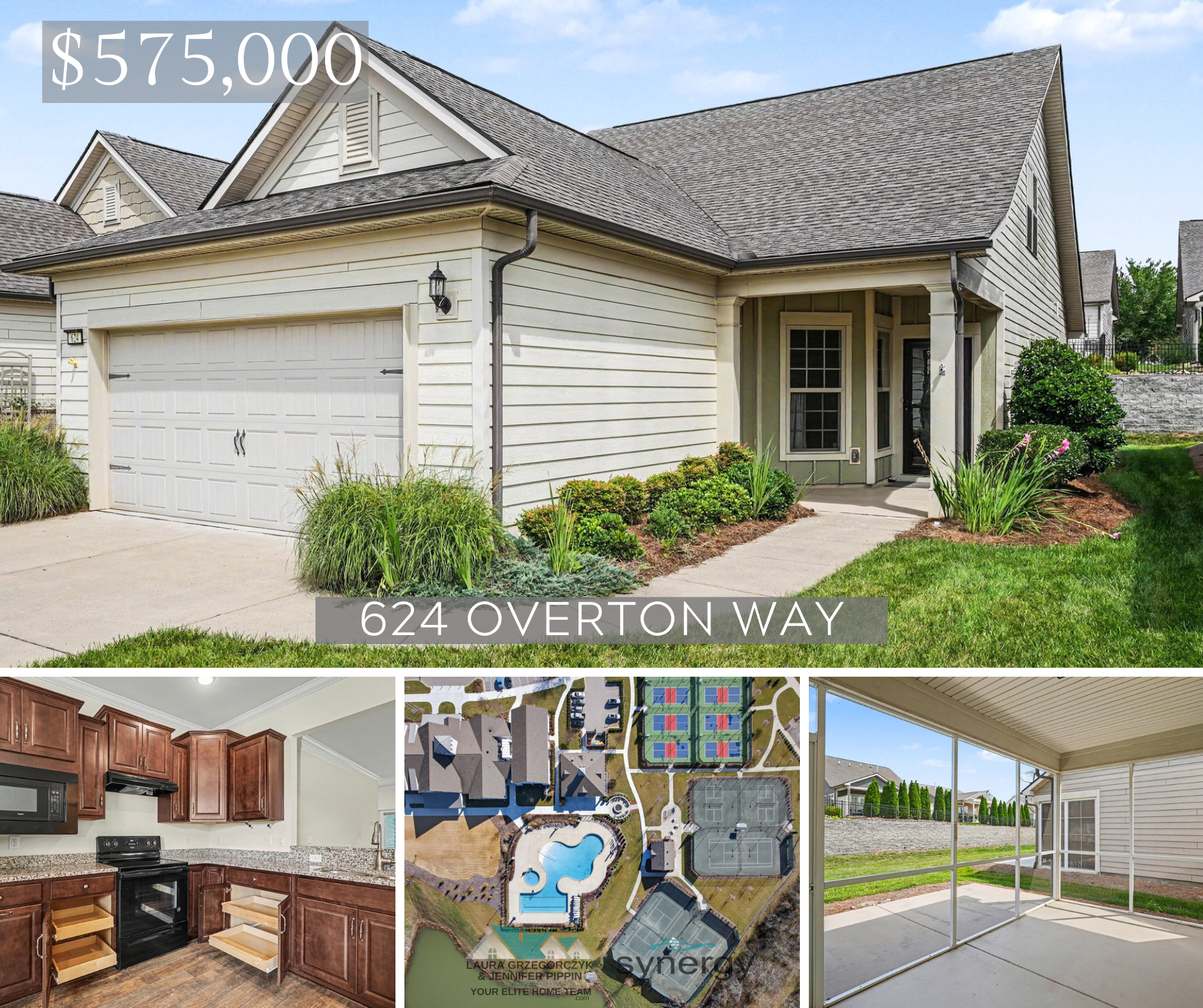Exterior and interior photo collage of 624 Overton Way in Southern Springs, a 55+ Del Webb community in Spring Hill TN, showing the front of the home with two-car garage, kitchen with granite countertops and pull-out shelving, screened patio, and aerial view of community amenities including pickleball courts and pool, listed at $575,000 by Your Elite Home Team
