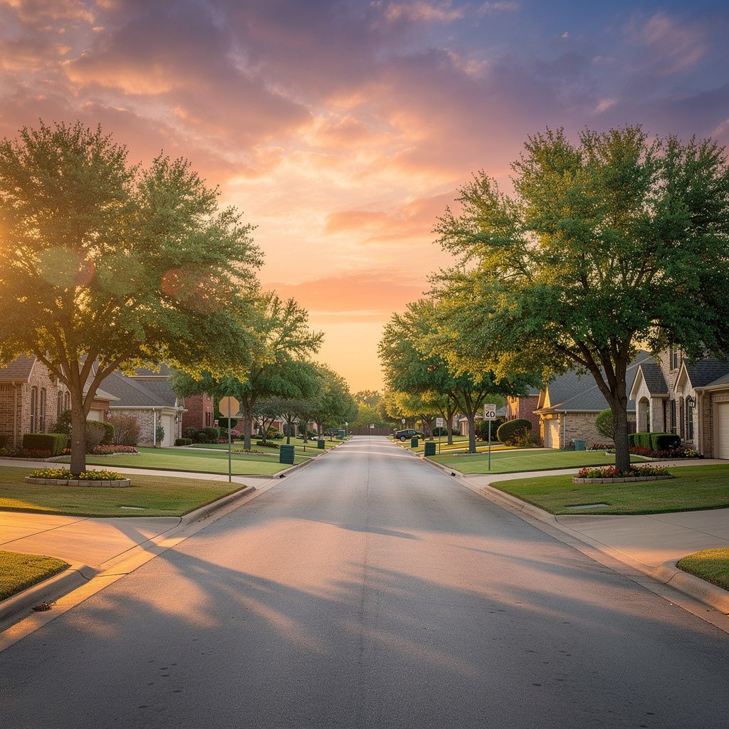 Tree-lined neighborhood street in Fort Worth, Texas at sunset