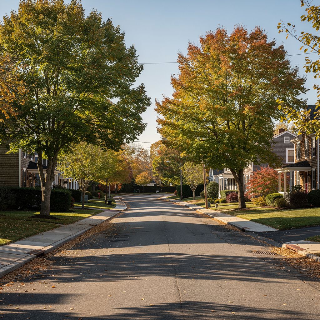 Tree-lined neighborhood street in Arlington Massachusetts with people enjoying the sidewalks