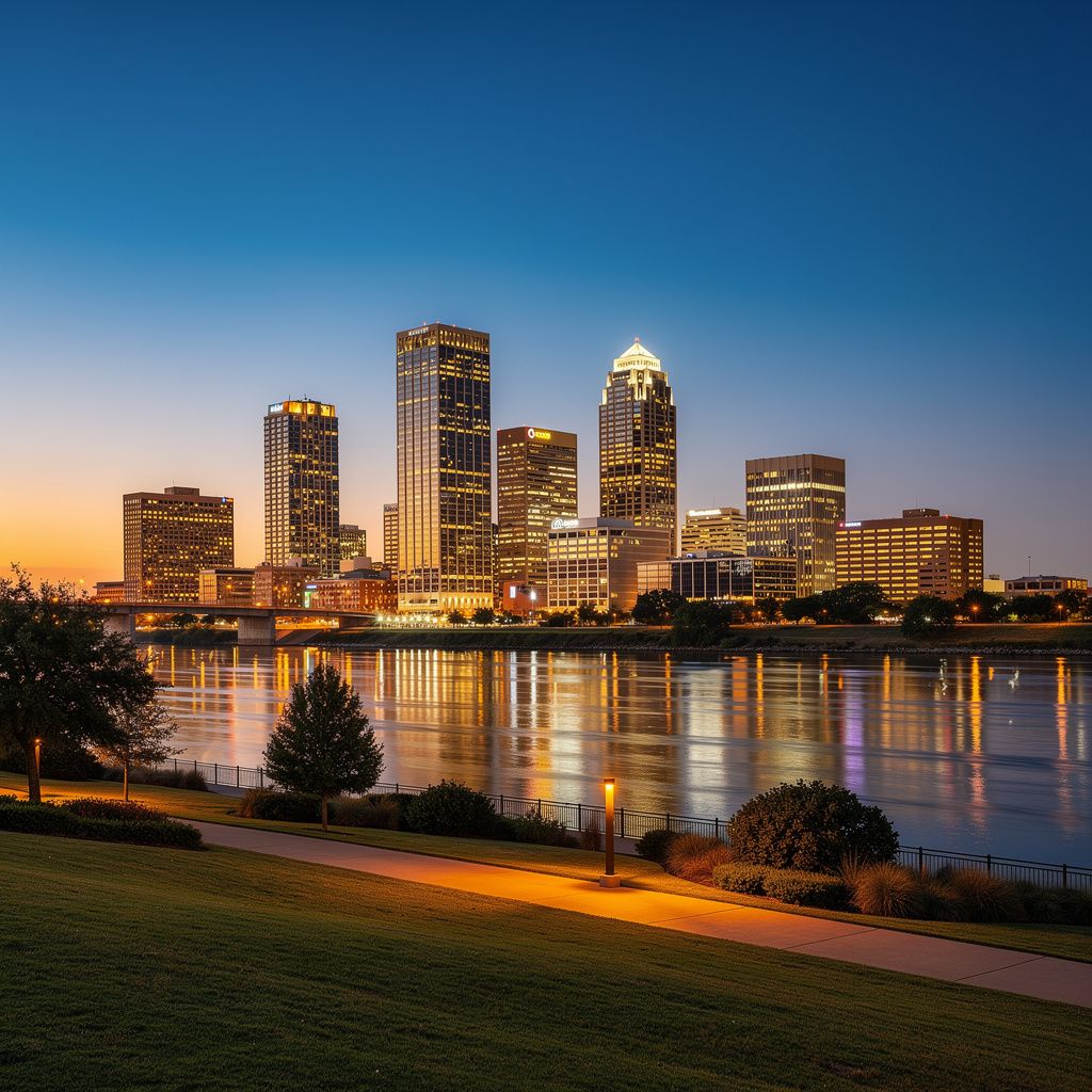 Evening skyline view of Fort Worth, Texas with city lights reflecting near a calm riverside park