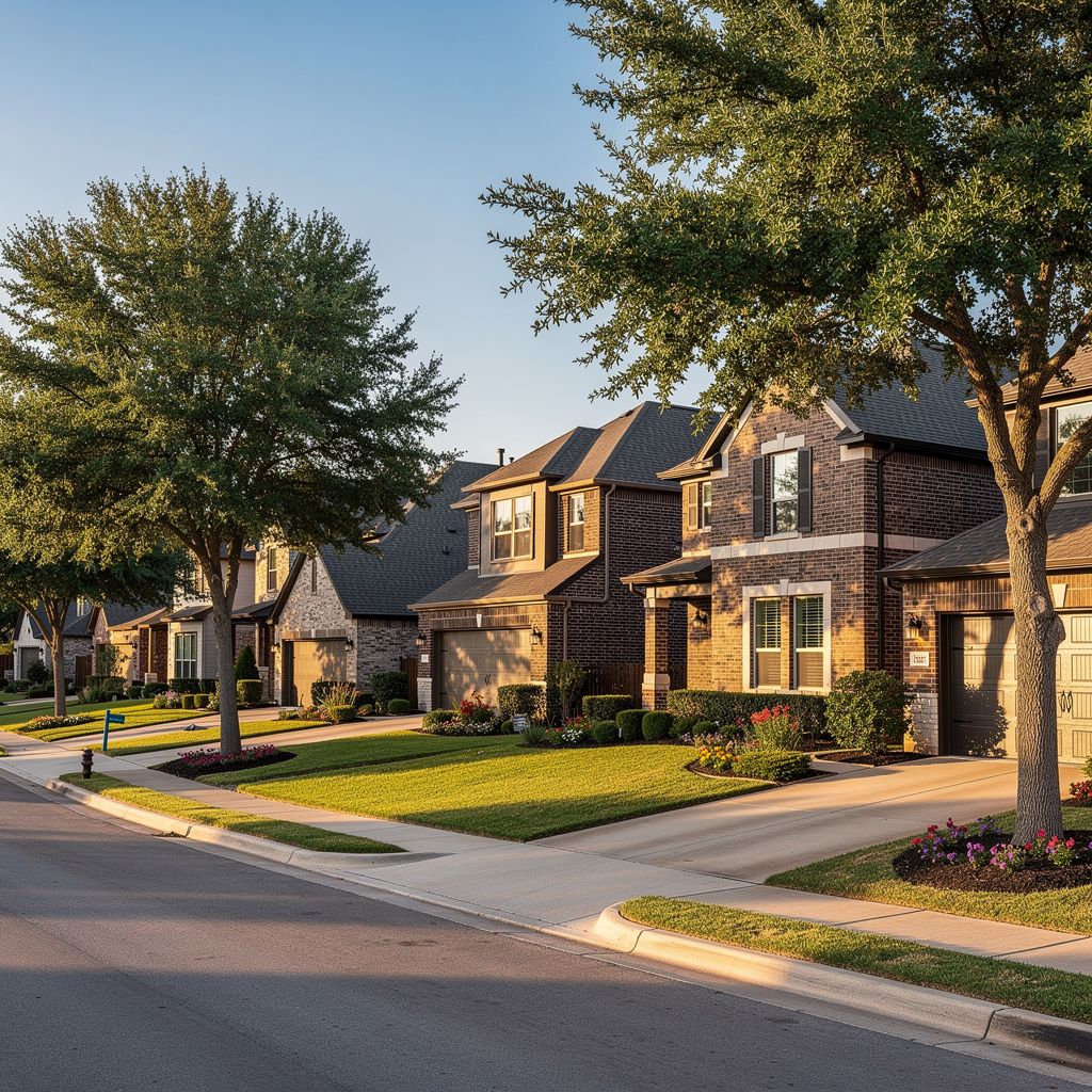 Residential neighborhood street with brick homes in Fort Worth, Texas
