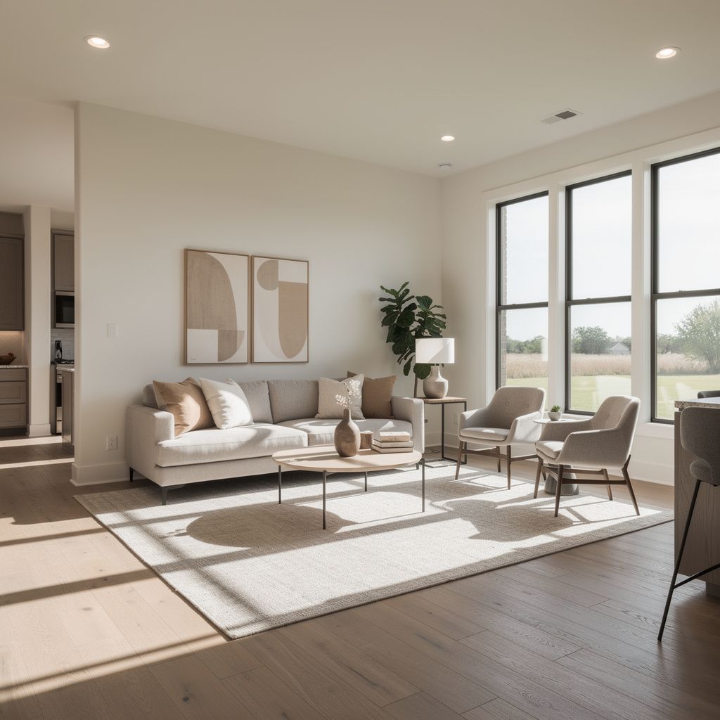 Bright modern living room interior in a Fort Worth home with comfortable seating and large sunny windows