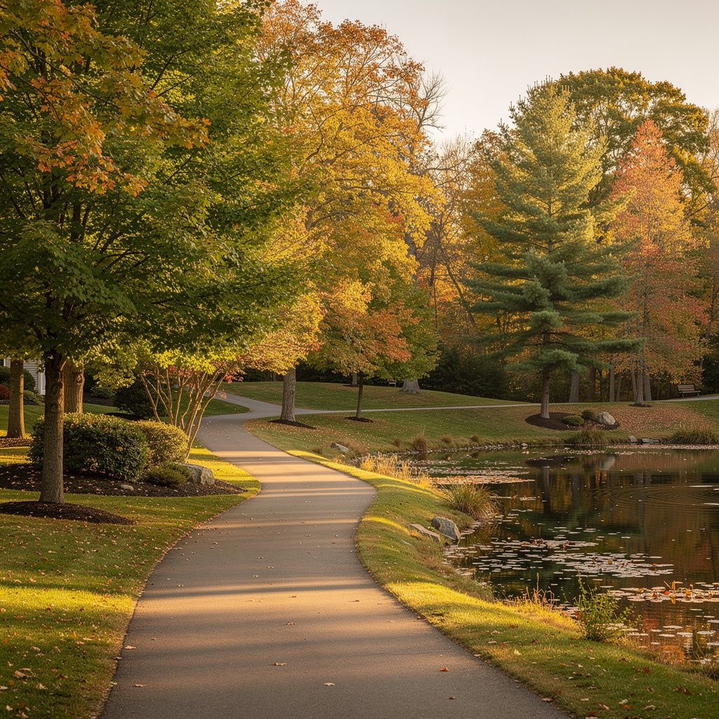 Scenic walking path around a pond in Mansfield, Massachusetts
