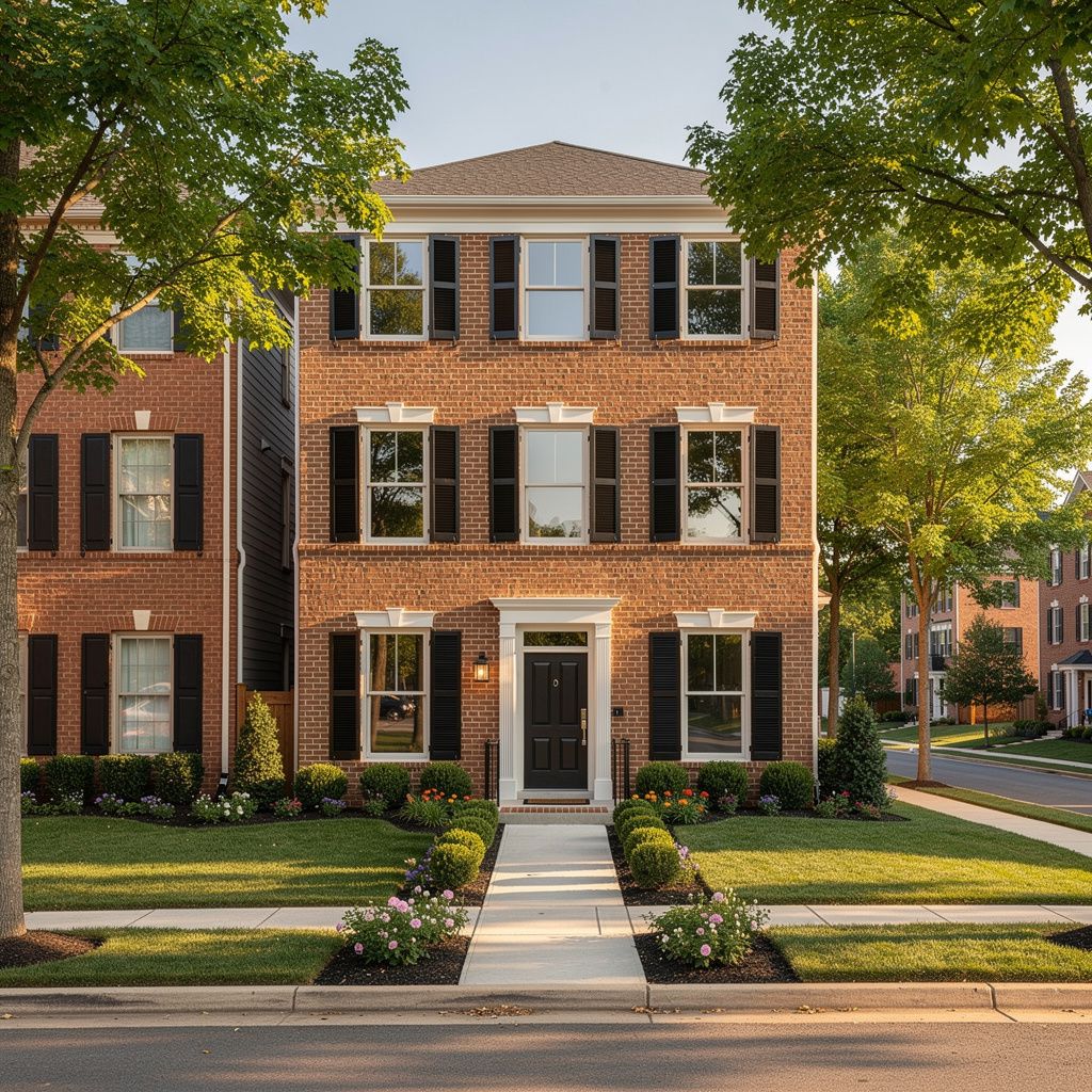 Brick townhome with landscaped front entrance on a quiet Arlington, Virginia street