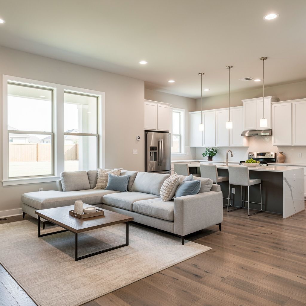 Modern open-concept living room and kitchen in a Keller, Texas home