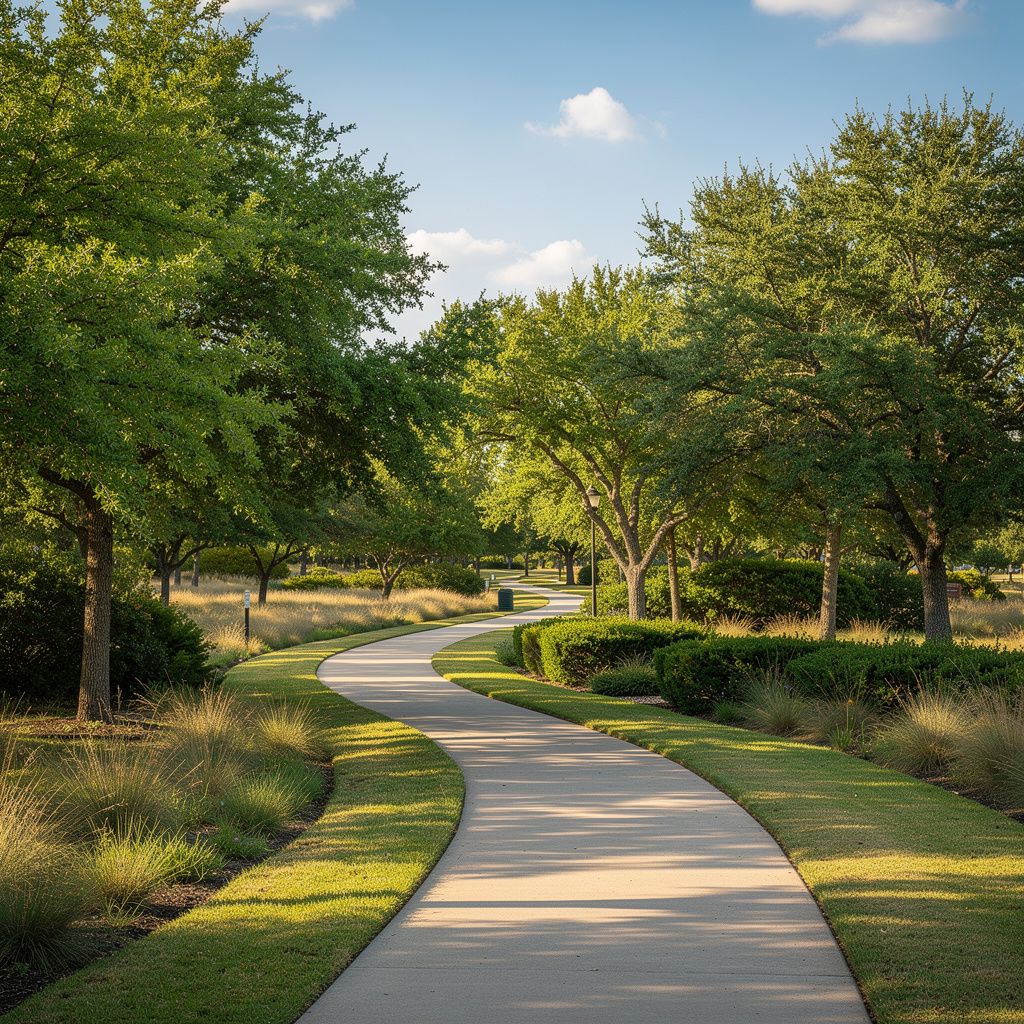 Greenbelt walking trail winding through a wooded area in Keller, Texas