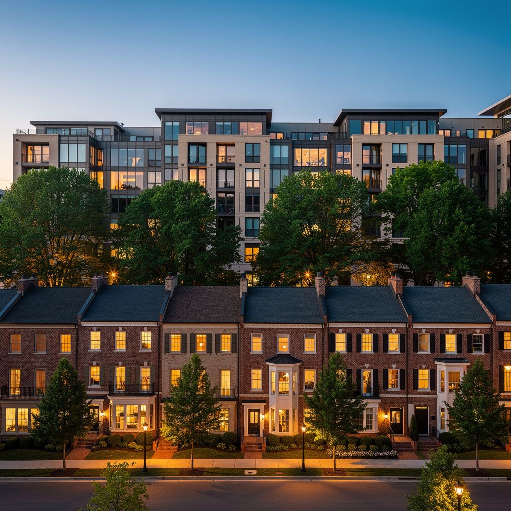 Evening view over a tree-lined residential neighborhood in Arlington, Virginia