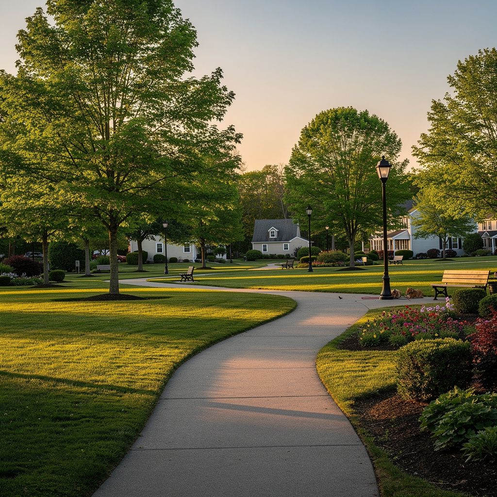 Neighborhood park with walking paths and trees in Mansfield, Massachusetts, USA
