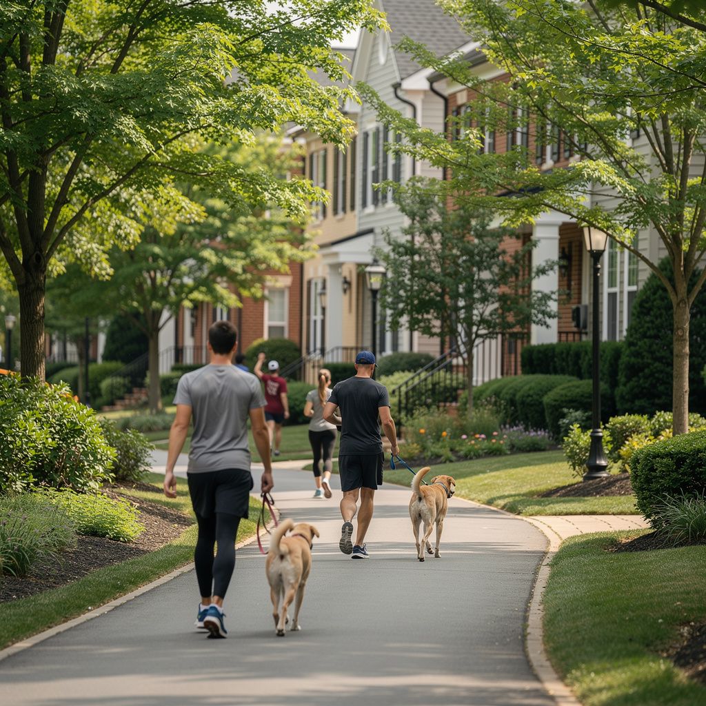 Residents enjoying a leafy urban trail near homes in Arlington, Virginia