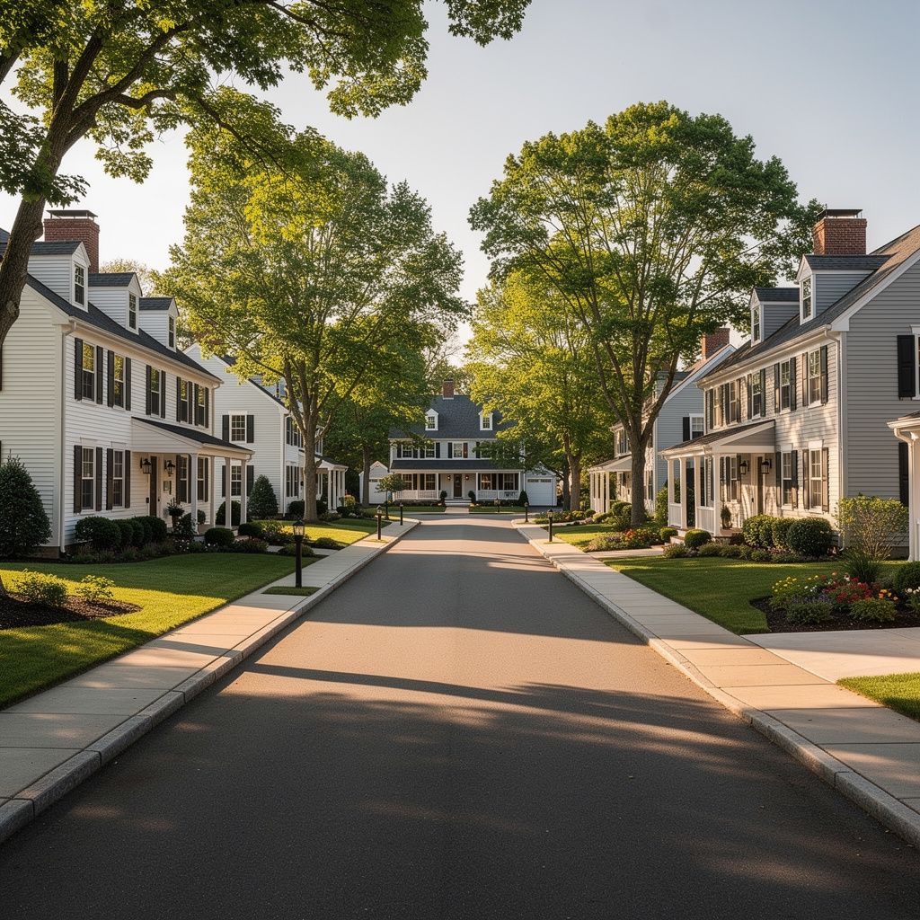 Colonial-style homes with mature trees on a residential street in Mansfield, Massachusetts, USA