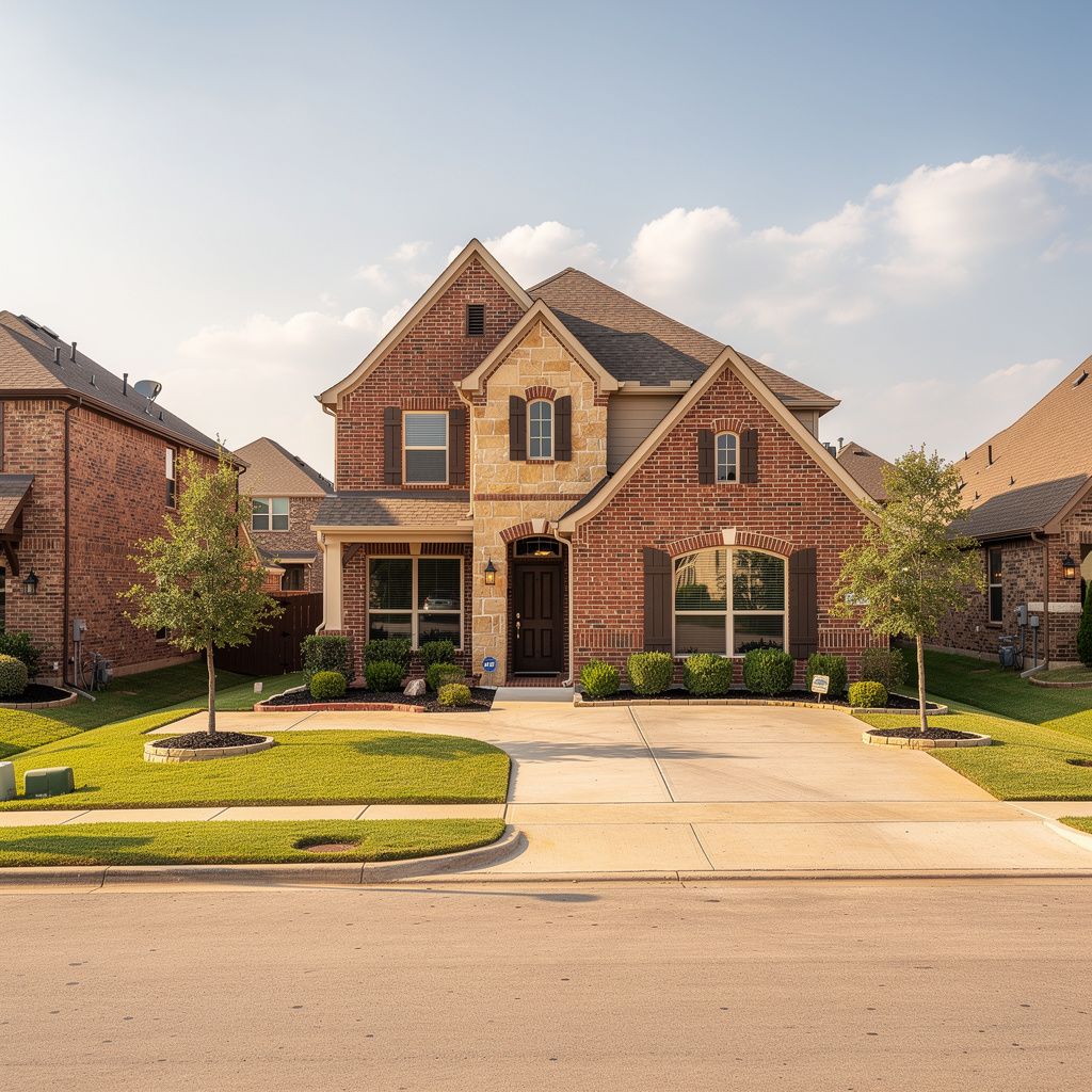 Brick homes with green lawns on a peaceful suburban street in Keller, Texas