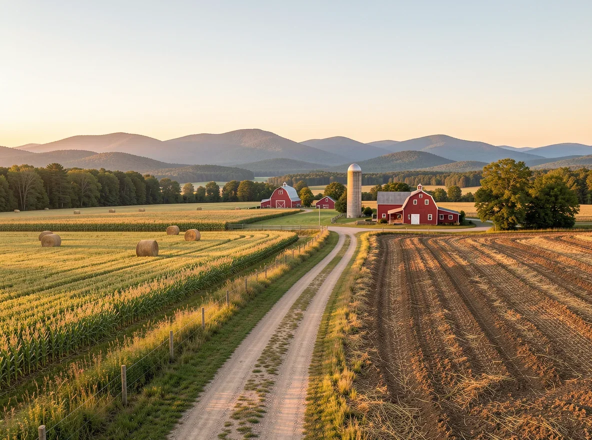 Rolling farmland and rural landscape in Franklin County, Vermont