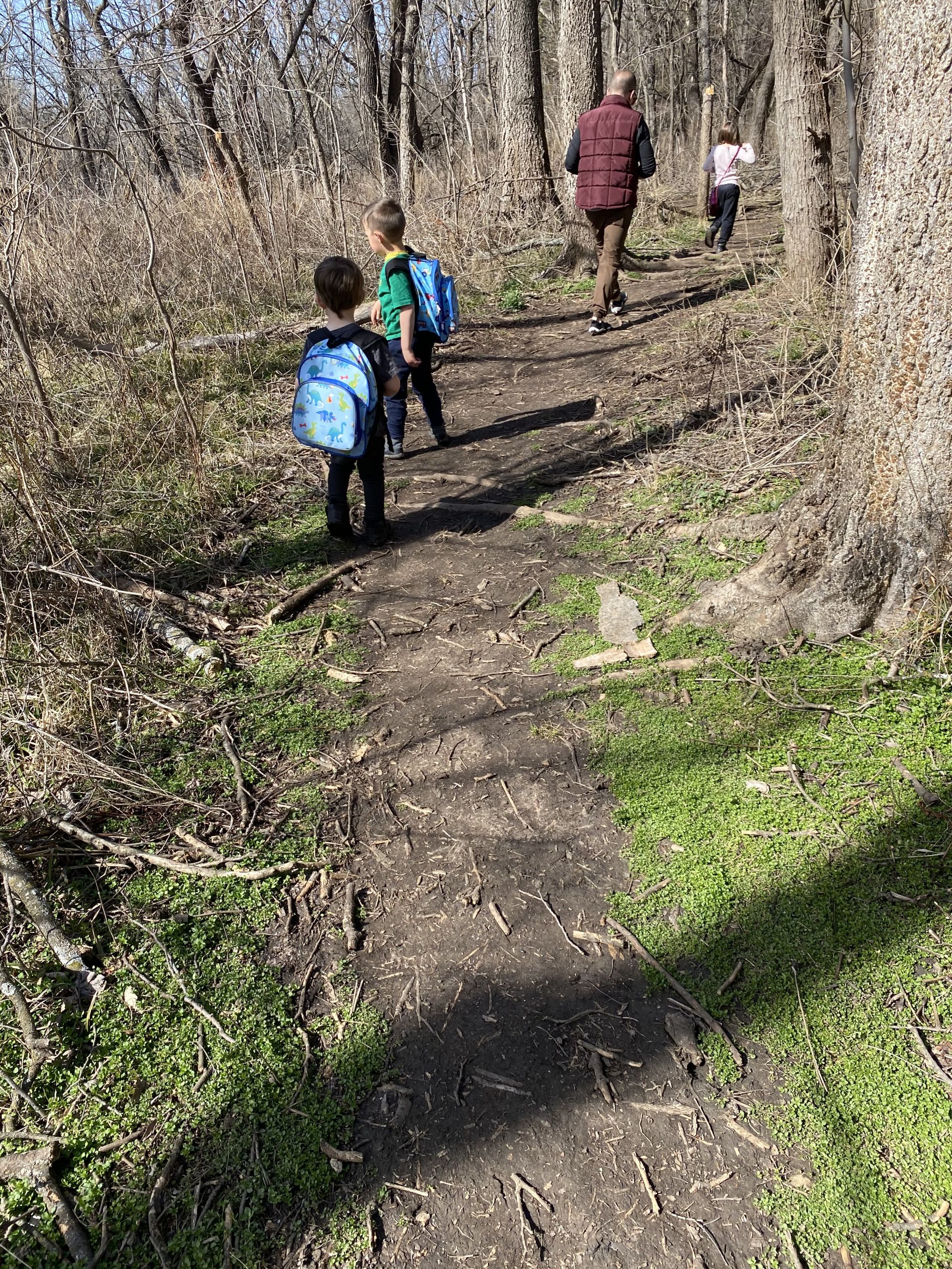 Kids hiking at Outlook Park at Clinton Lake.