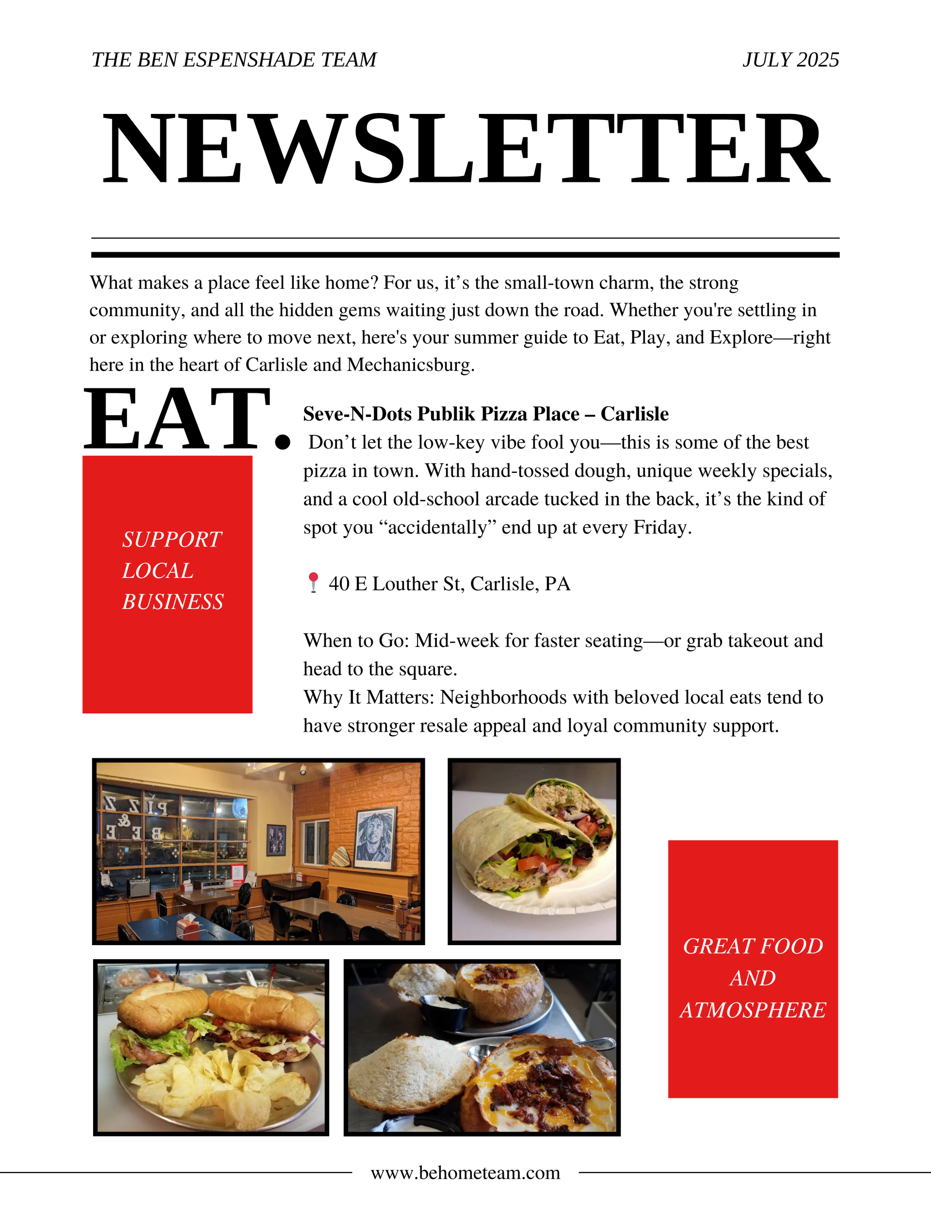 Looking for your next favorite local spot? This summer, we’re highlighting the best ways to Eat, Play, and Explore right here in Carlisle and Mechanicsburg. From mouthwatering pizza and community theater to a museum you’ve probably never heard of, these hidden gems are what make our Central PA neighborhoods feel like home.