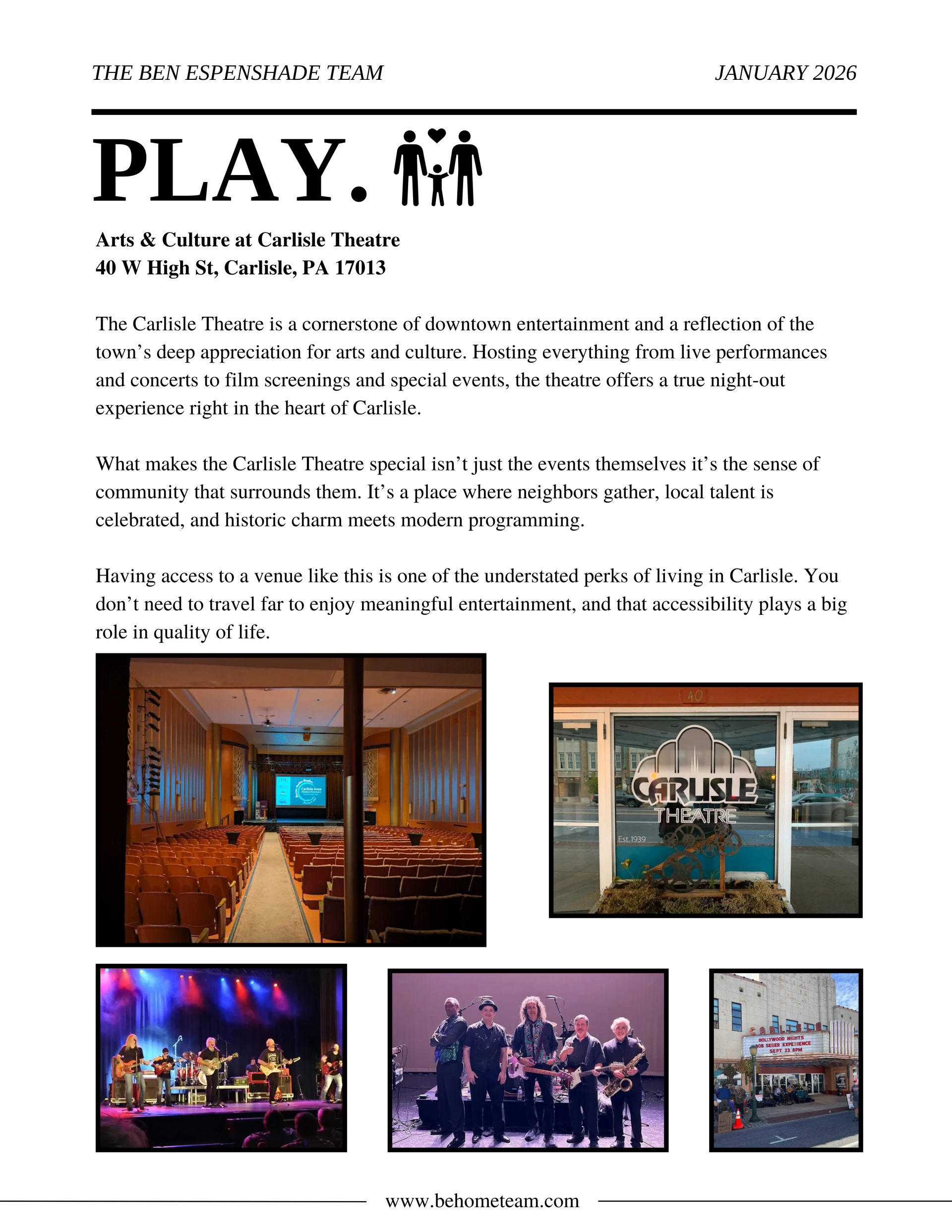 January 2026 Eat Play Explore newsletter showcasing Carlisle Theatre in downtown Carlisle, PA, featuring live music, performances, and arts and culture as part of the local lifestyle.