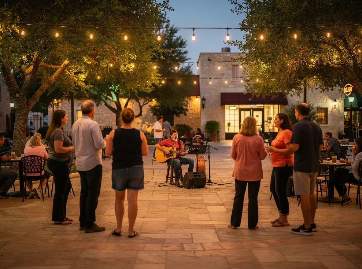 Evening community gathering in an outdoor plaza in San Antonio