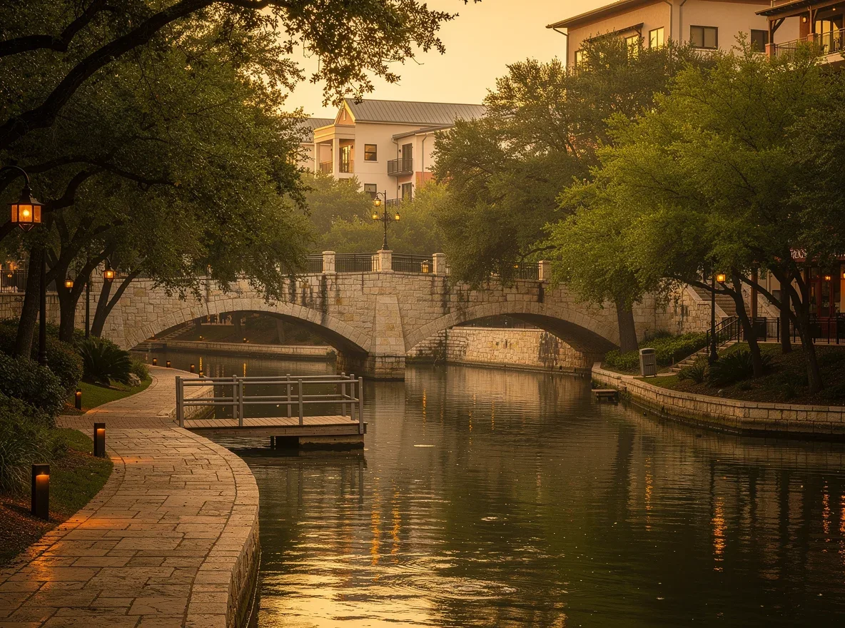 Tree-lined urban river walkway in San Antonio