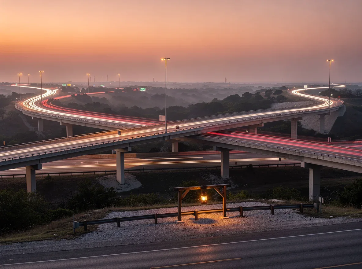 Sunrise traffic moving through a San Antonio highway interchange