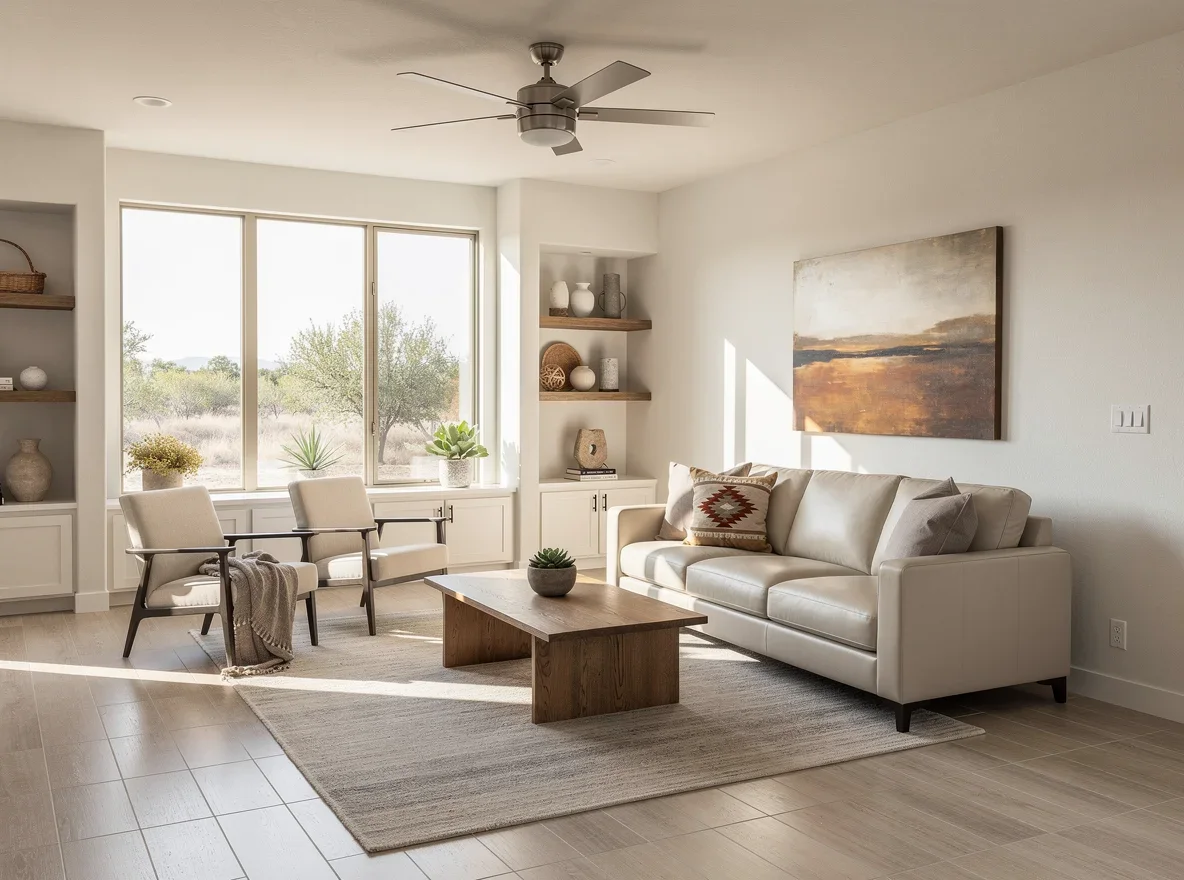 Staged living room with bright, neutral presentation