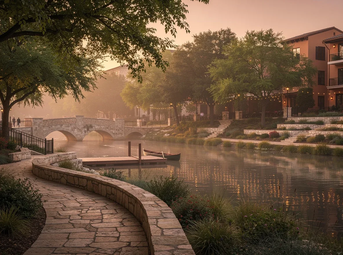 Shaded urban waterway and walkway in San Antonio
