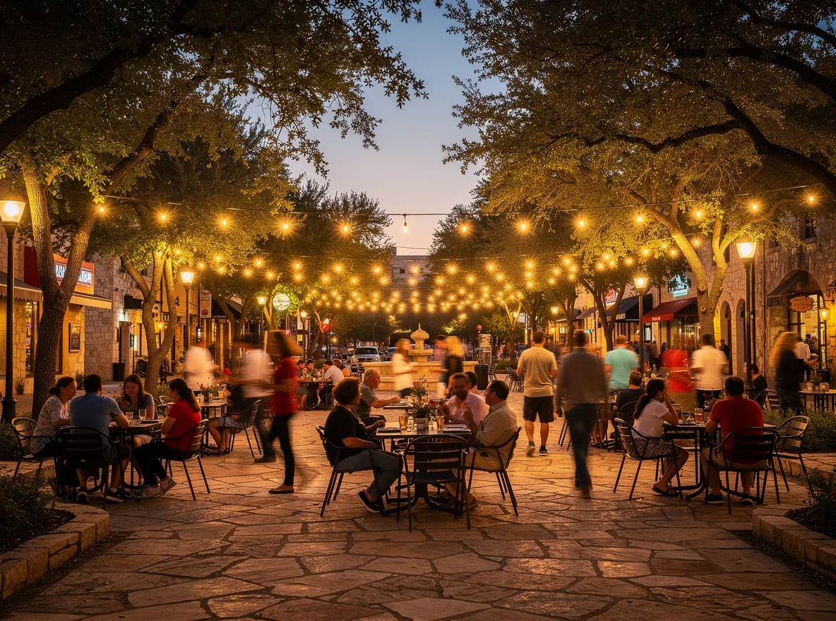 Outdoor plaza gathering with warm lights in San Antonio