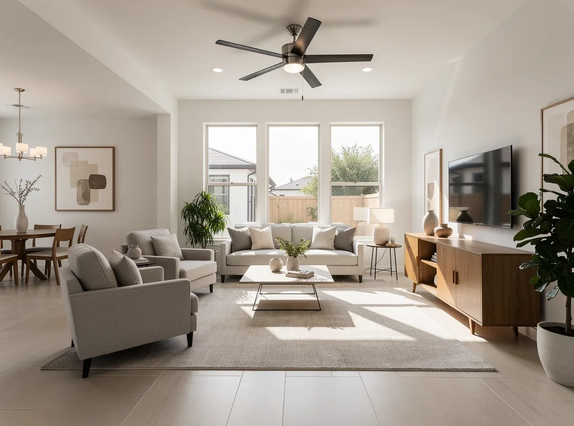 Staged living room with ceiling fan and natural light