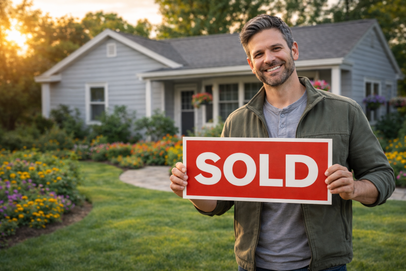 Man in front of a North End Boise house holding a sold sign