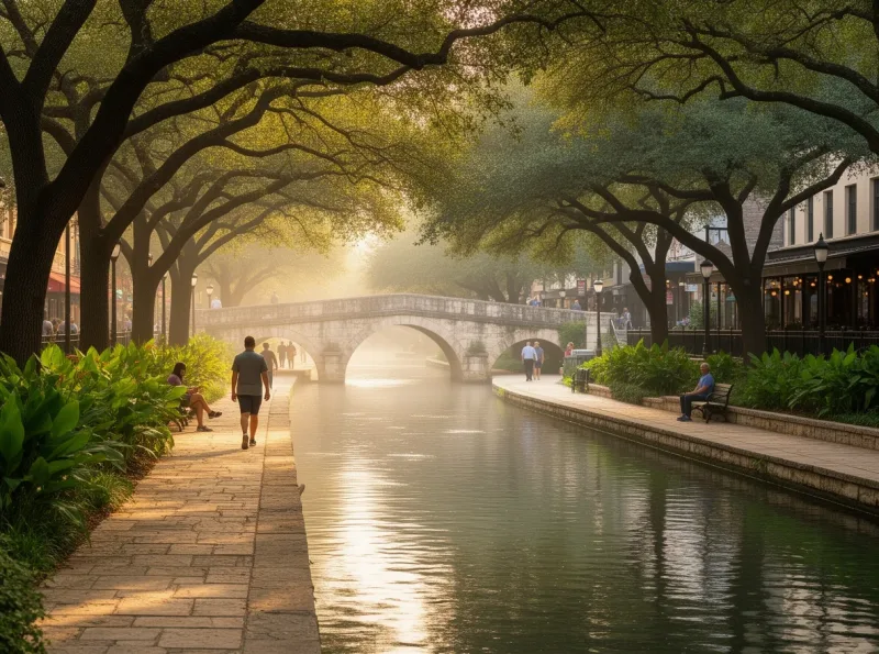 Morning walk along the San Antonio River Walk in San Antonio, Texas