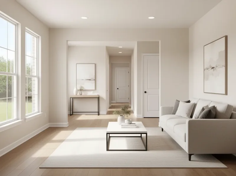 Bright living room with a layout that supports privacy