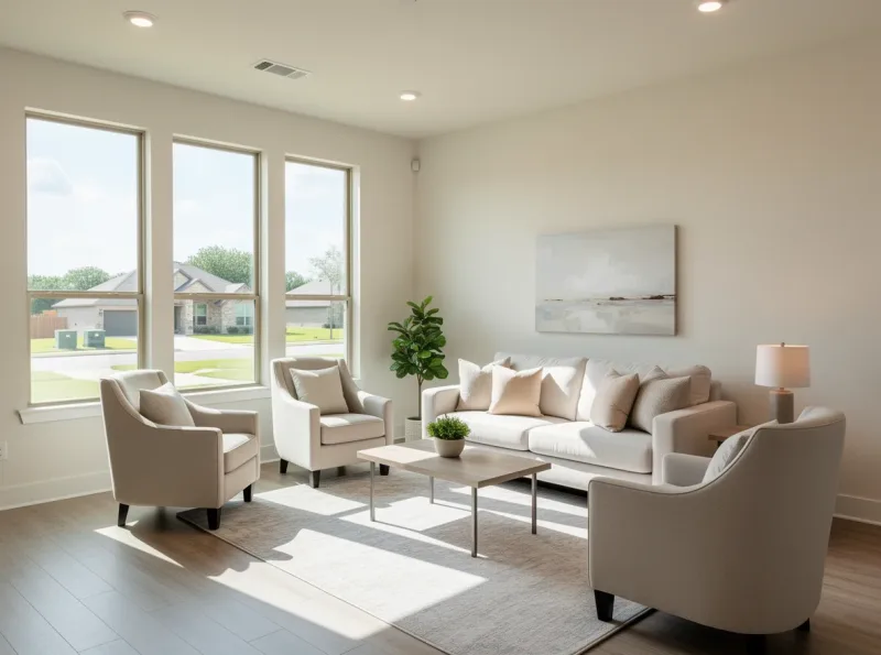 Neutral staged living room emphasizing space and light