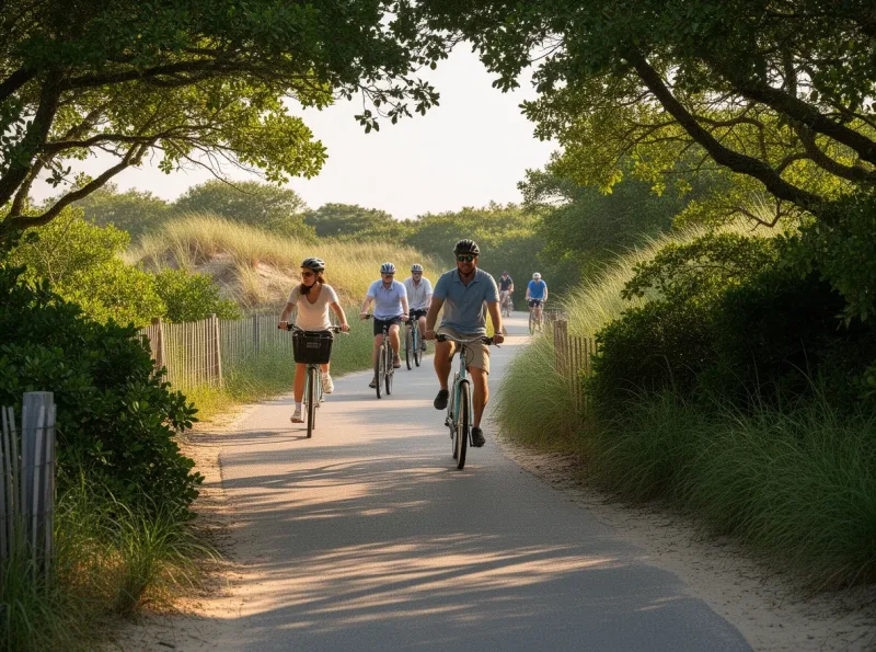Biking along a shaded coastal path on Nantucket