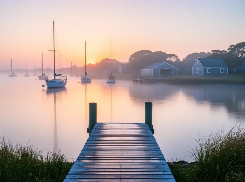 Sunrise over Nantucket Harbor with sailboats at moorings