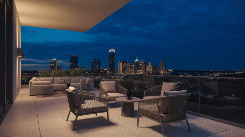 Luxury Austin skyline view at night from balcony