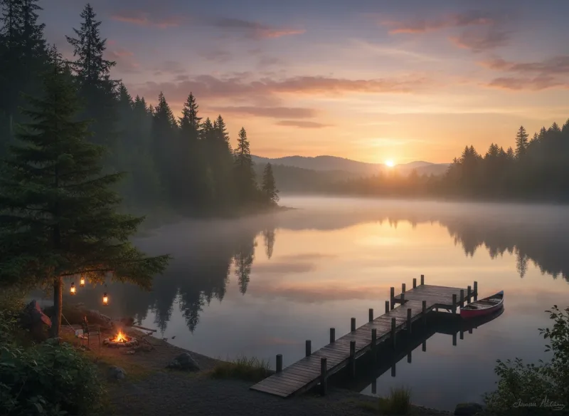 Sunrise over Lake Sammamish with evergreen shoreline