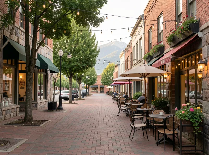 Downtown Issaquah streetscape with storefronts and mountain backdrop