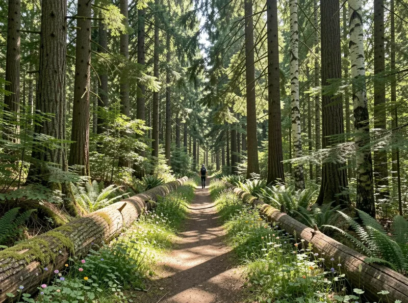 Forest trail near Issaquah with lush evergreens and natural path