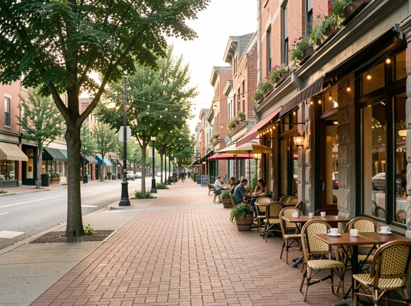 Historic Ballard streetscape with brick storefronts and mature street trees