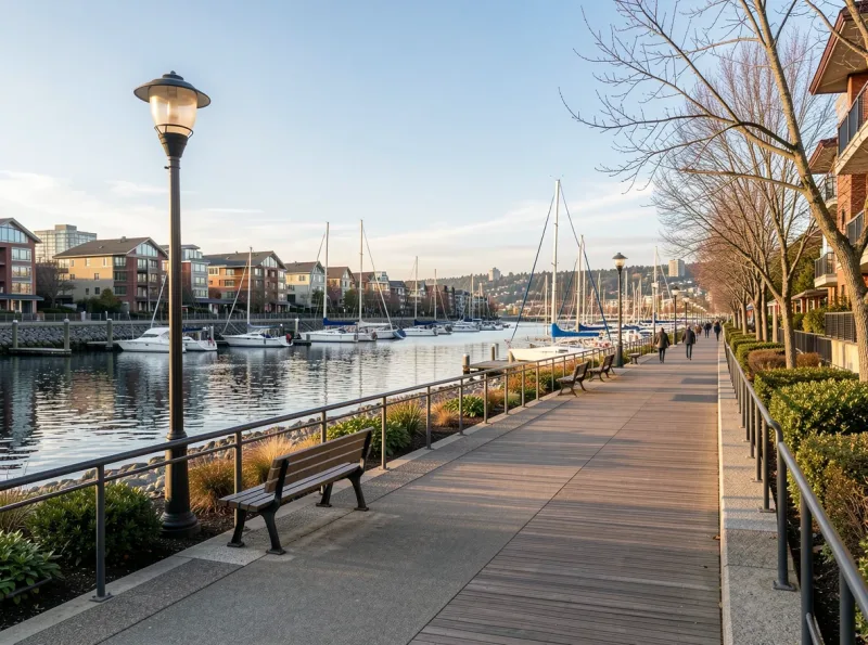 Ballard waterfront path and marina-adjacent recreation scene