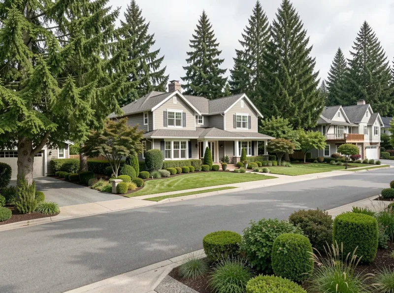 Mercer Island neighborhood street with mature trees and well-kept homes