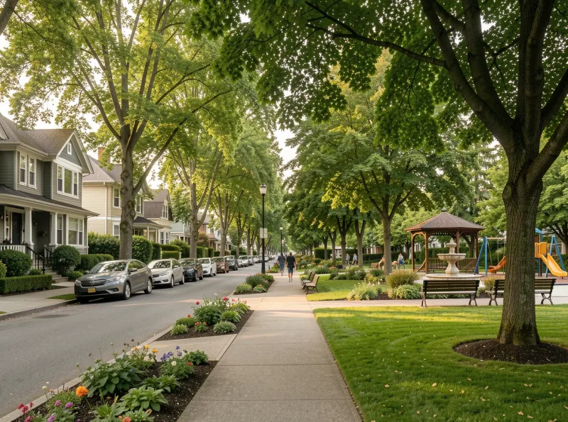 Tree-lined residential street in Ballard with classic Seattle homes