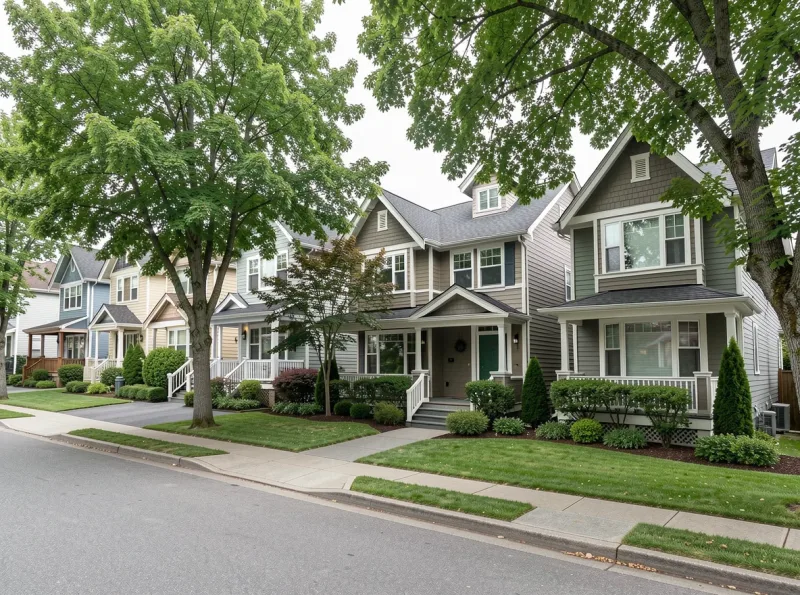 Residential street in Fremont with mature trees and varied Seattle housing