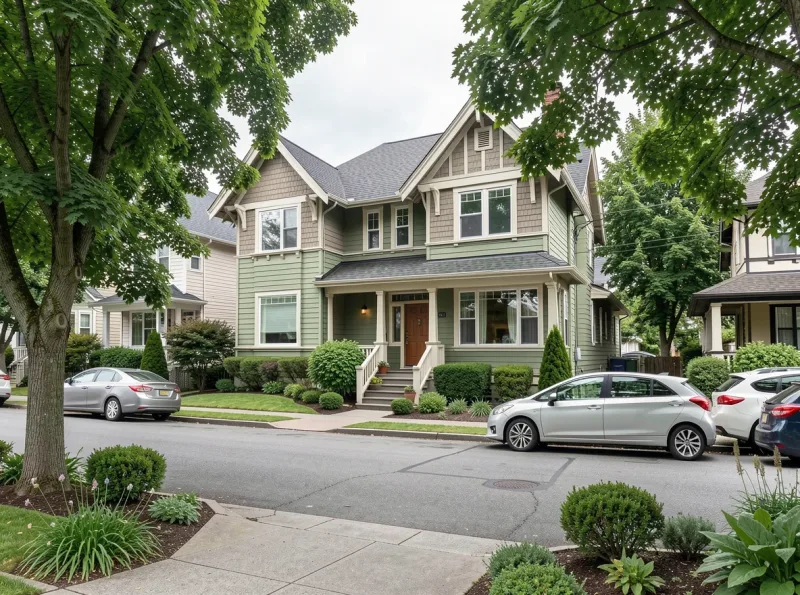 Wallingford residential street with classic Seattle homes and mature trees