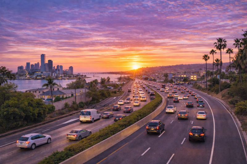 Cars entering the I-5 freeway from Pacific Beach in San Diego during light traffic with ocean and coastal neighborhood in the background